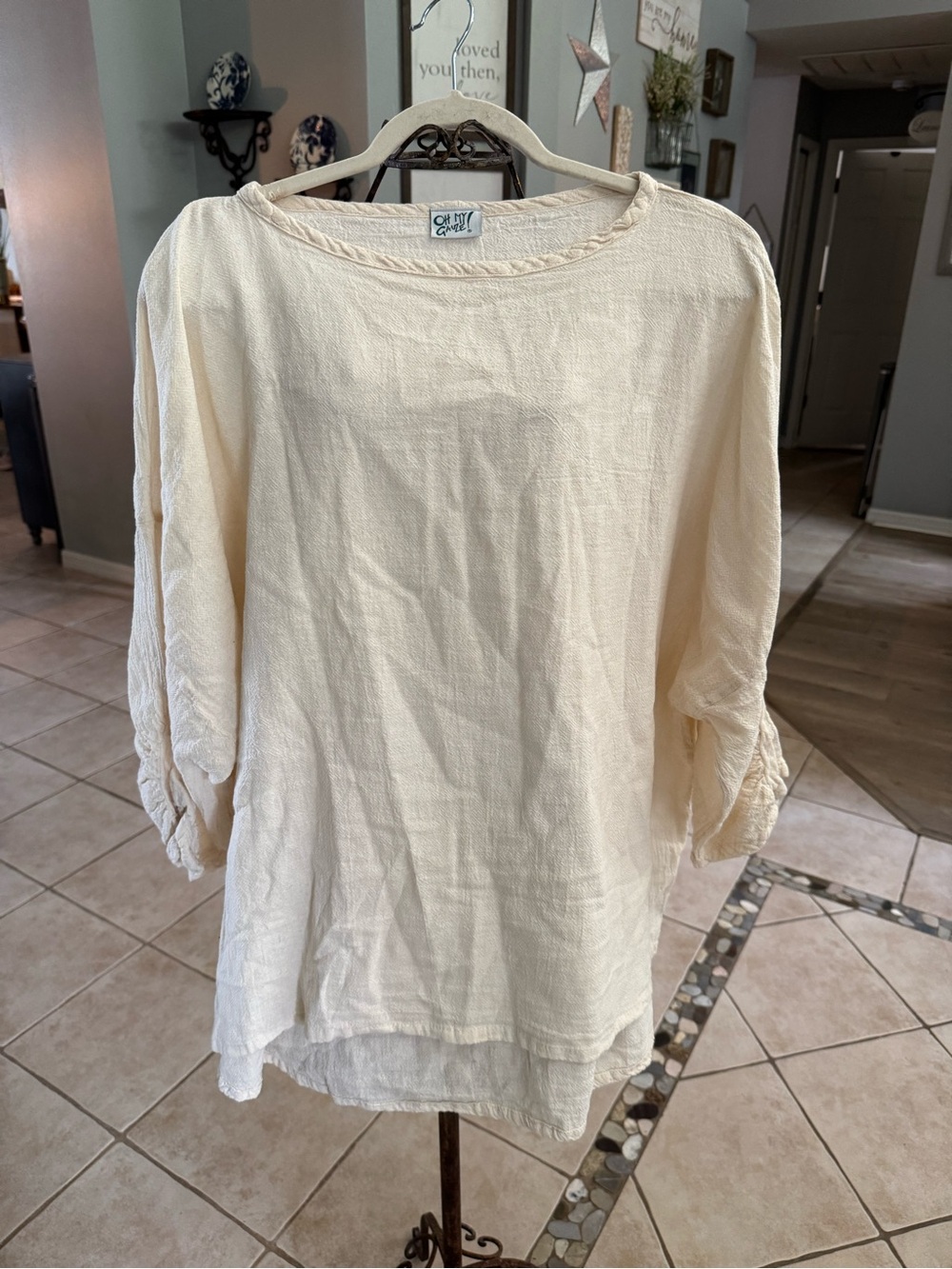 Oh My Gauze! Long Ruched Sleeve Ivory Linen Top 2XL